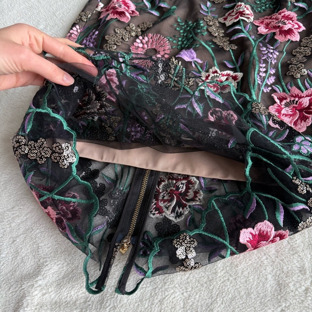 Floral Embroidered Mesh Cocktail Dress with Tulle Shoulders - Pink/Green - Picture 6 of 13